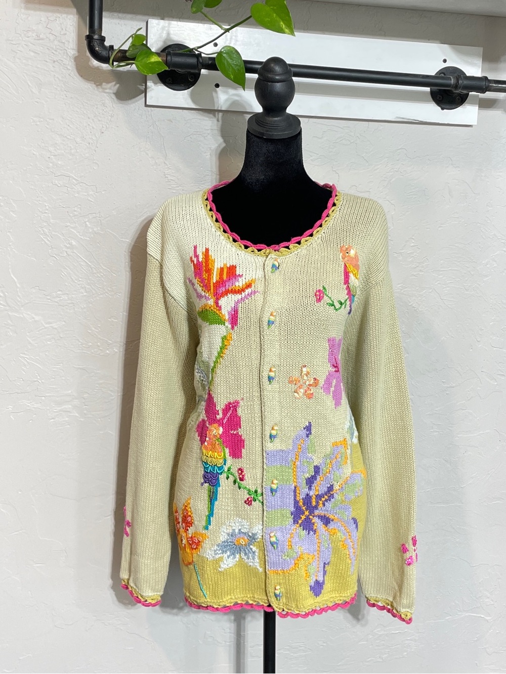 Vintage Storybook Knit Parrot and Flower Women's Sweater, Large, Parrot Buttons